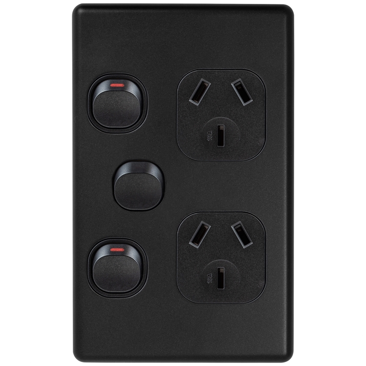 CPP2VXBS Voltex Classic Matte Black Vertical Double Power Outlet 250V 10A with Extra Switch and Safety Shutters