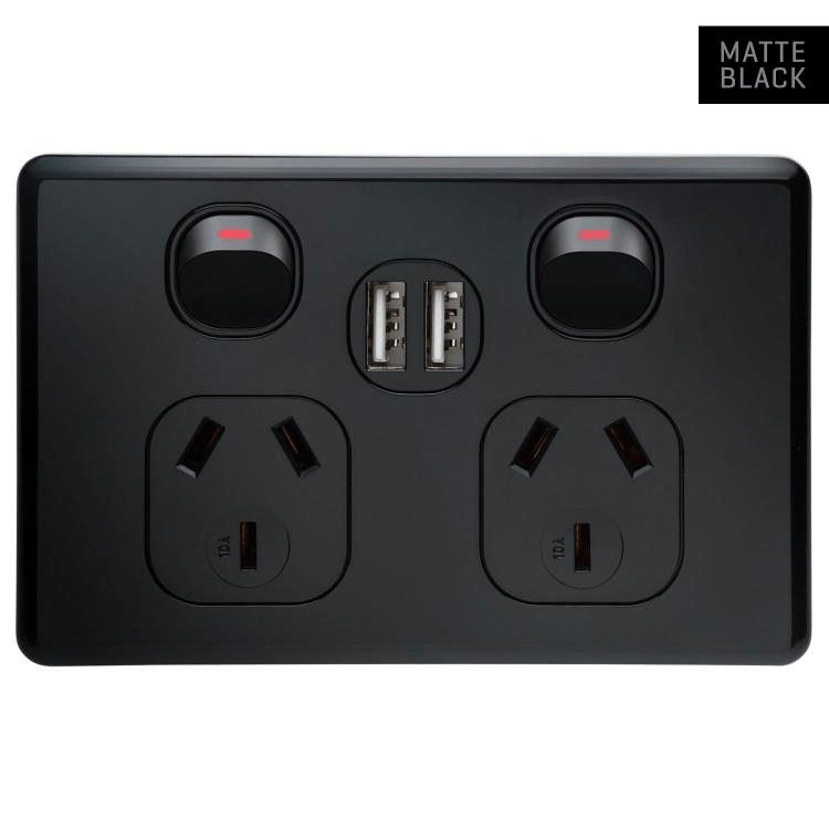 SLPP2HUSBBS Voltex Shadowline (7.4mm) Black Double Power Outlet 250V~ 10A & 2 x 2.1 A USB Outlets